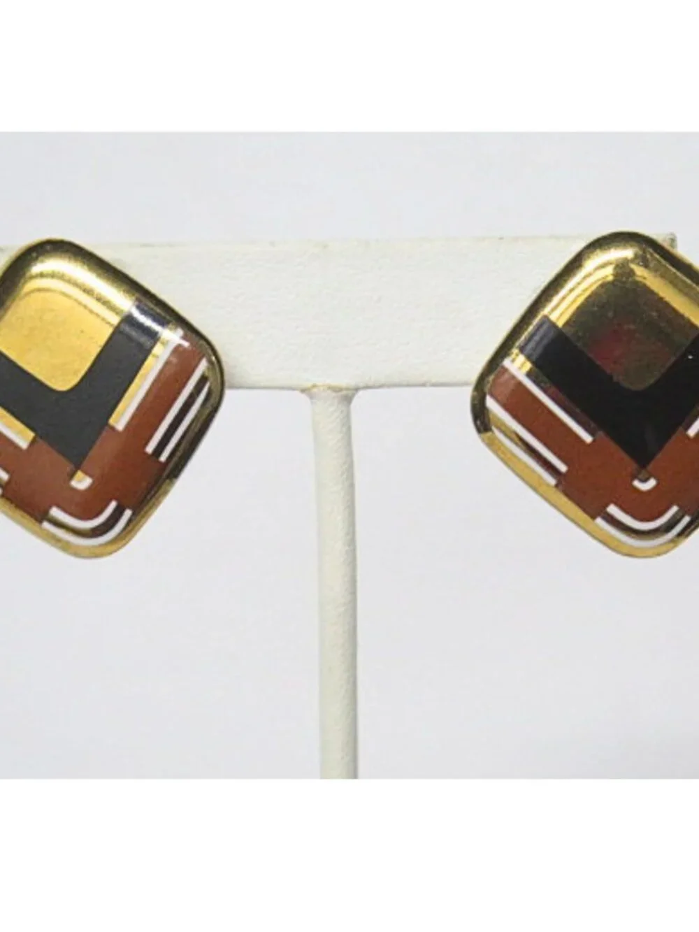 Vintage Gold Tone Geometric Enamel Square Post Earrings